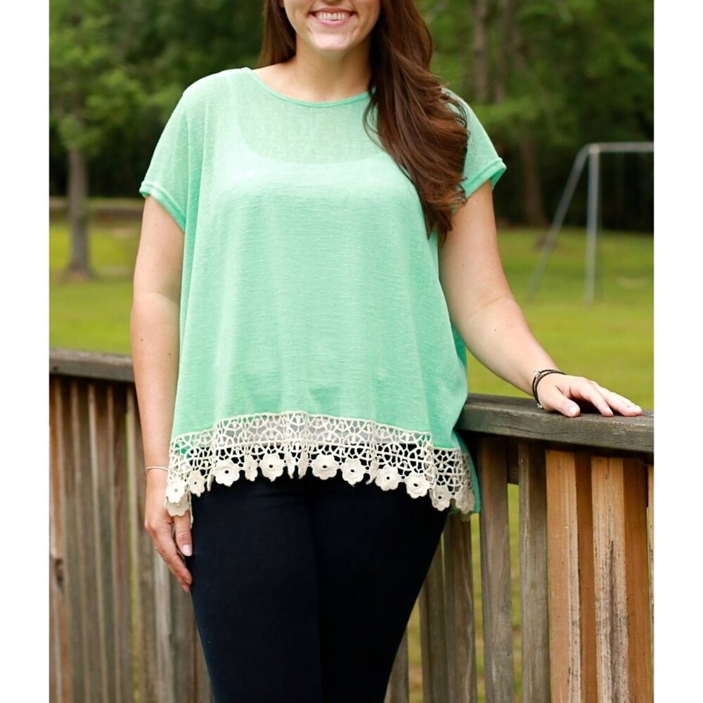 Umgee Semi Sheer Floral Crochet Short Sleeve Top